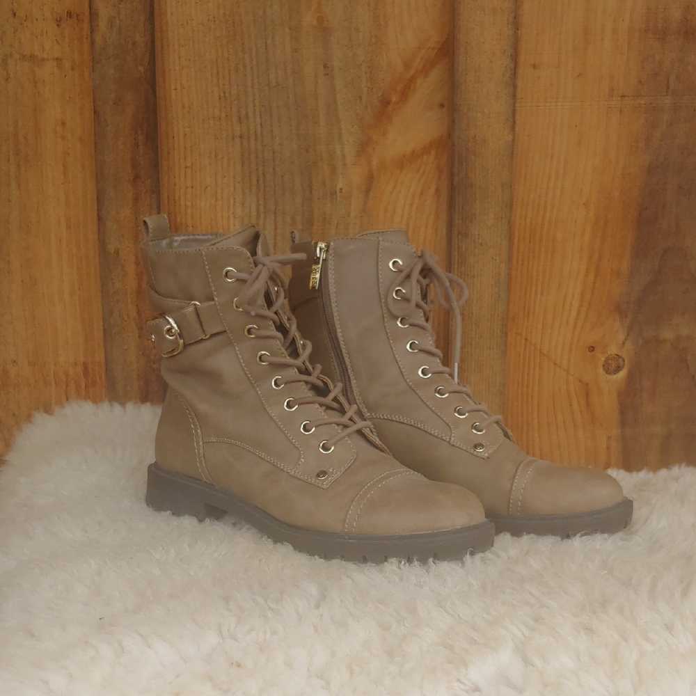 Guess Taupe Lace-Up Combat Boots with Buckle Detail